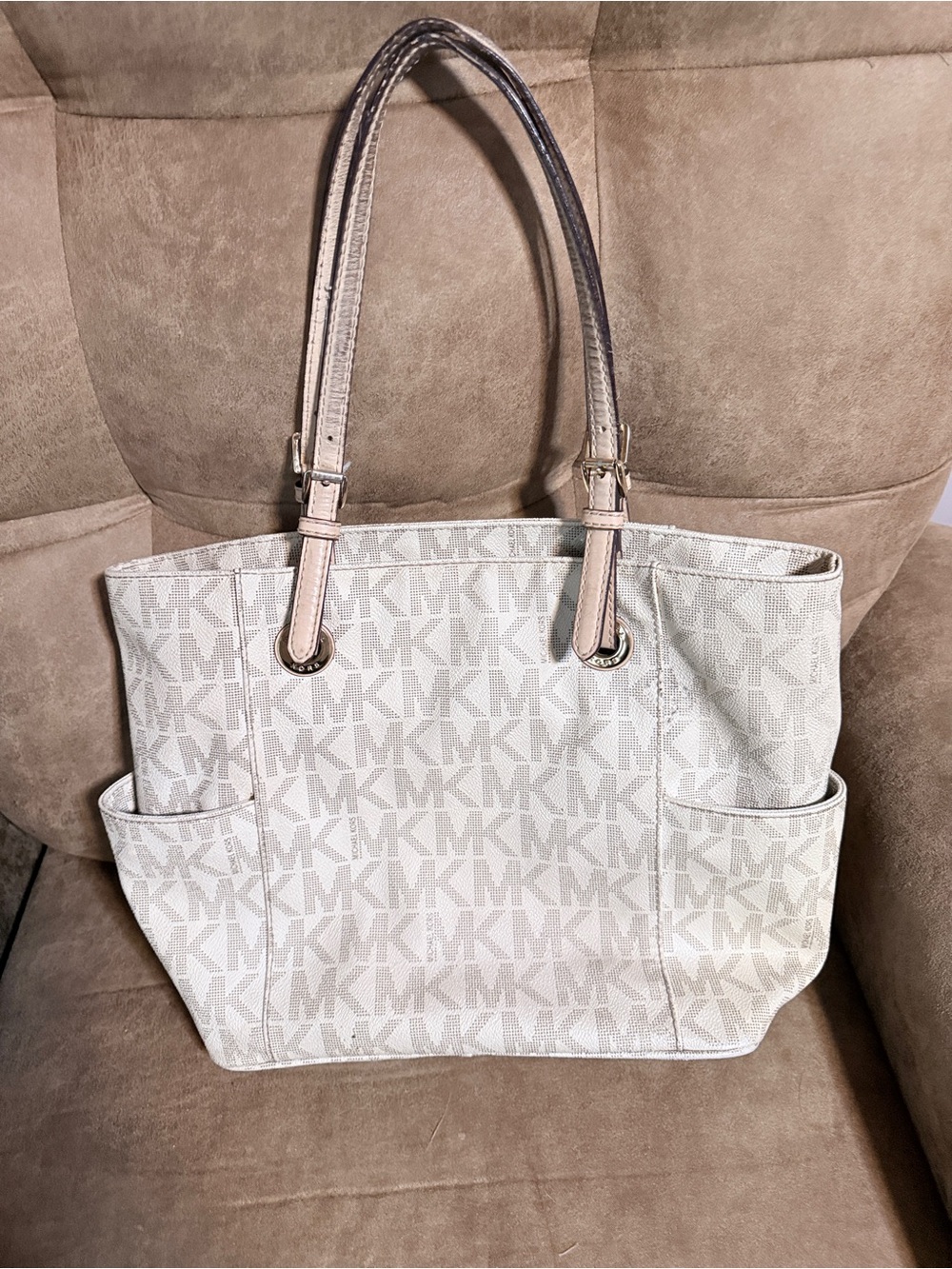 Michael Kors Cream and Tan MK Logo Tote